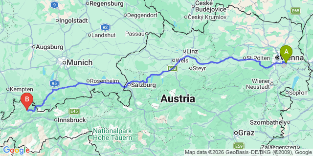 Map: Vienna Airport (VIE) to Berwang