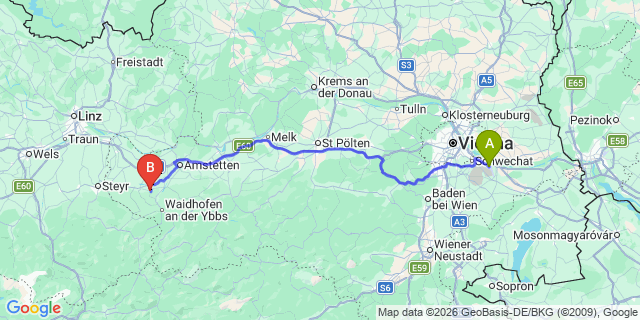 Map: Vienna Airport (VIE) to Biberbach