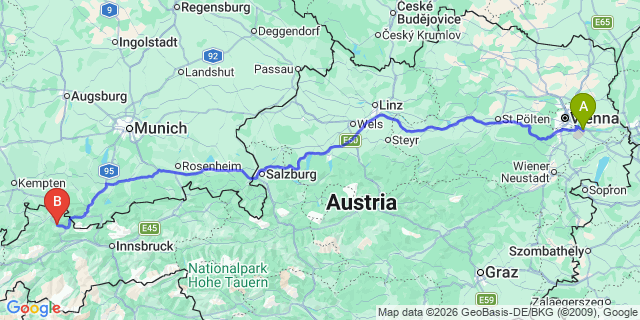 Map: Vienna Airport (VIE) to Bichlbach