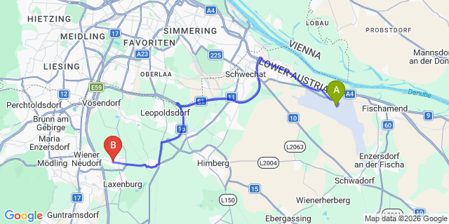 Map: Vienna Airport (VIE) to Biedermannsdorf