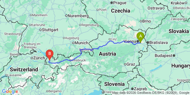 Map: Vienna Airport (VIE) to Blons