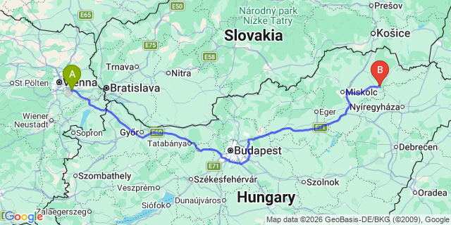 Map: Vienna Airport (VIE) to Bodrogkeresztúr