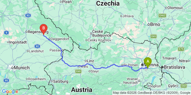 Map: Vienna Airport (VIE) to Bogenbach