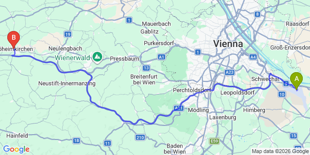 Map: Vienna Airport (VIE) to Böheimkirchen