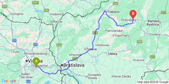 Map: Vienna Airport (VIE) to Bojnice