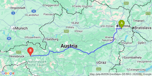 Map: Vienna Airport (VIE) to Bramberg am Wildkogel
