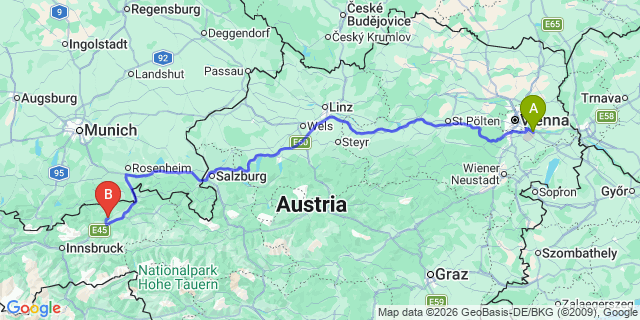 Map: Vienna Airport (VIE) to Brandenberg