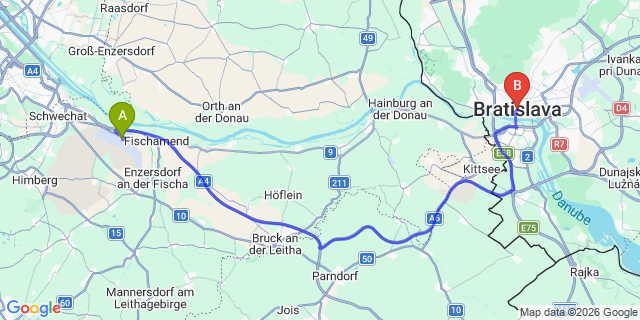 Map: Vienna Airport (VIE) to Bratislava city (all areas)