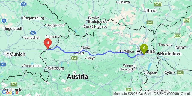 Map: Vienna Airport (VIE) to Braunau am Inn