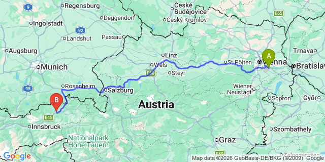 Map: Vienna Airport (VIE) to Breitenbach am Inn