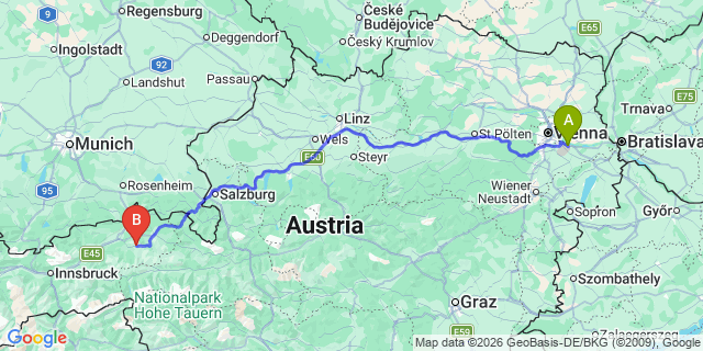 Map: Vienna Airport (VIE) to Brixen im Thale