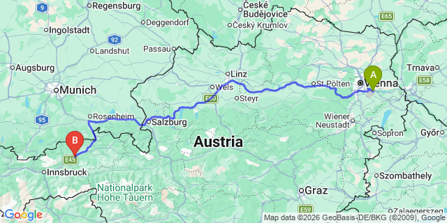 Map: Vienna Airport (VIE) to Brixlegg