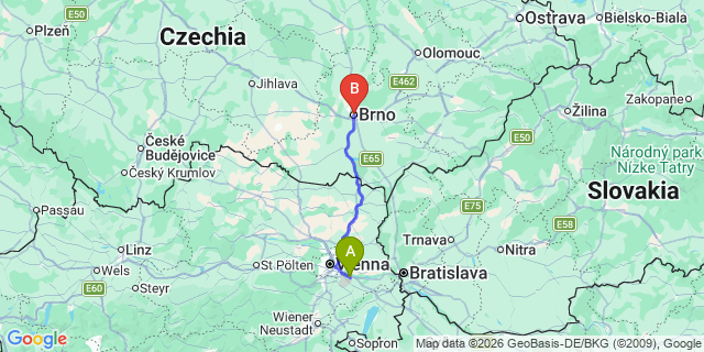 Map: Vienna Airport (VIE) to Brno