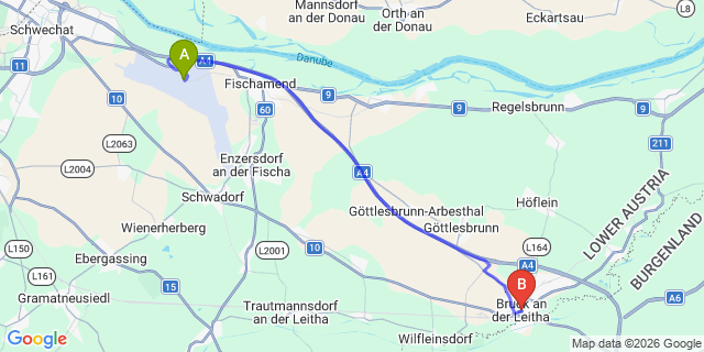 Map: Vienna Airport (VIE) to Bruck a.d.Leitha