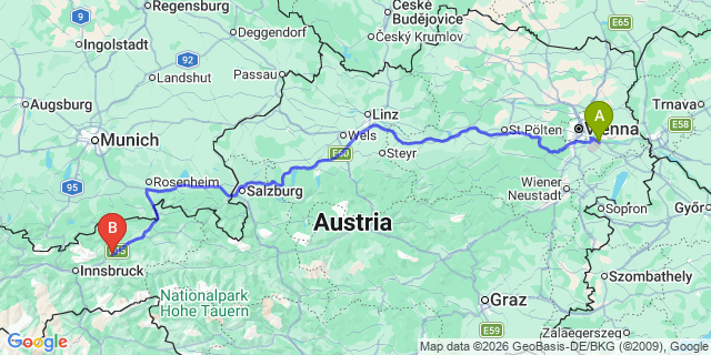 Map: Vienna Airport (VIE) to Buch bei Jenbach