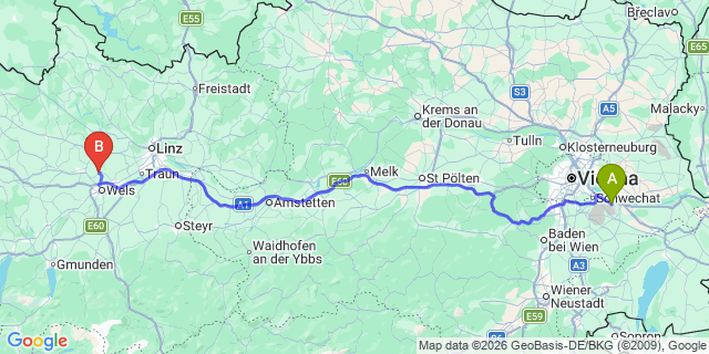 Map: Vienna Airport (VIE) to Buchkirchen