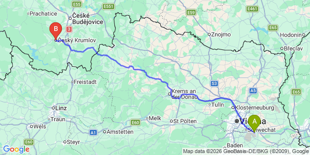 Map: Vienna Airport (VIE) to Cesky Krumlov