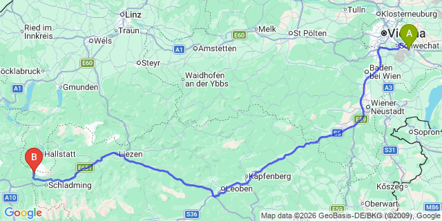 Map: Vienna Airport (VIE) to Dachstein