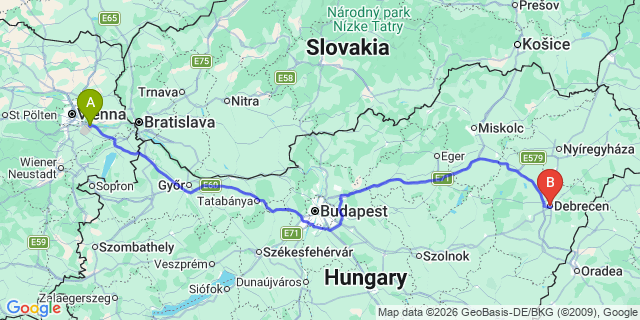 Map: Vienna Airport (VIE) to Debrecen