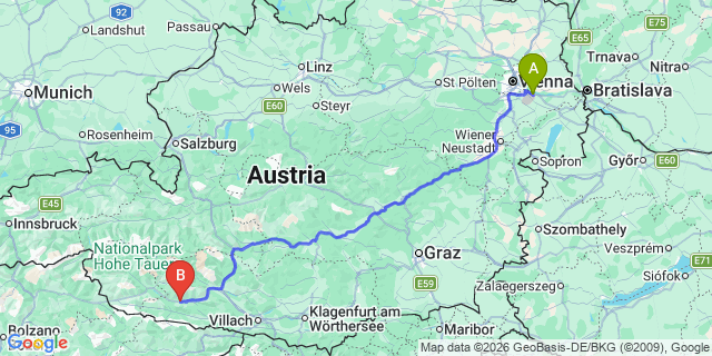 Map: Vienna Airport (VIE) to Dellach im Drautal