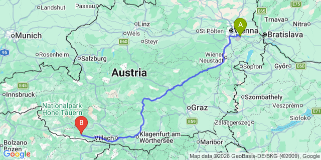 Map: Vienna Airport (VIE) to Dellach im Gailtal