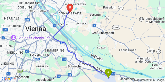 Map: Vienna Airport (VIE) to Donaustadt