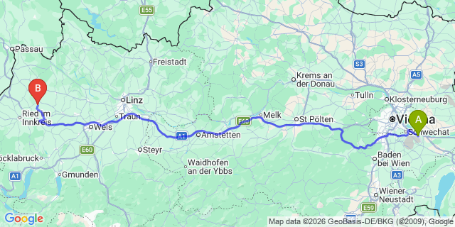 Map: Vienna Airport (VIE) to Dorf an der Pram