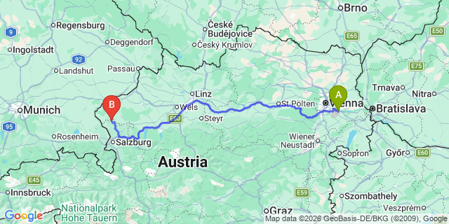 Map: Vienna Airport (VIE) to Dorfbeuern