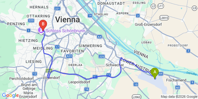Map: Vienna Airport (VIE) to DoubleTree by Hilton Vienna Schonbrunn