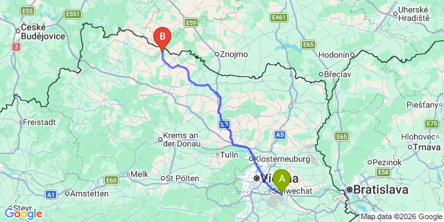 Map: Vienna Airport (VIE) to Drosendorf-Zissersdorf