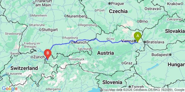 Map: Vienna Airport (VIE) to Dünserberg