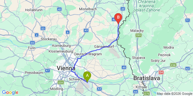 Map: Vienna Airport (VIE) to Dürnkrut
