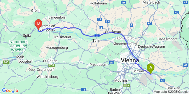 Map: Vienna Airport (VIE), Schwechat, Wien to Dürnstein