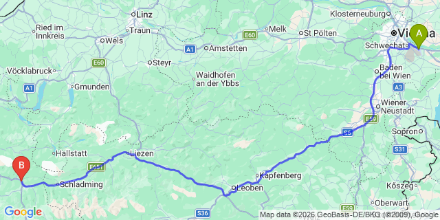 Map: Vienna Airport (VIE) to Eben im Pongau