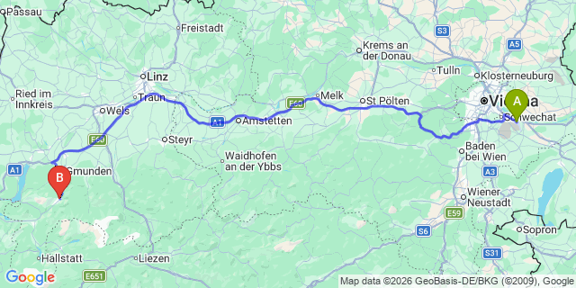 Map: Vienna Airport (VIE) to Ebensee am Traunsee