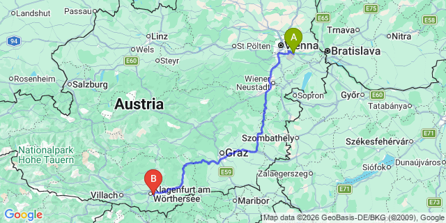 Map: Vienna Airport (VIE) to Ebenthal in Kärnten