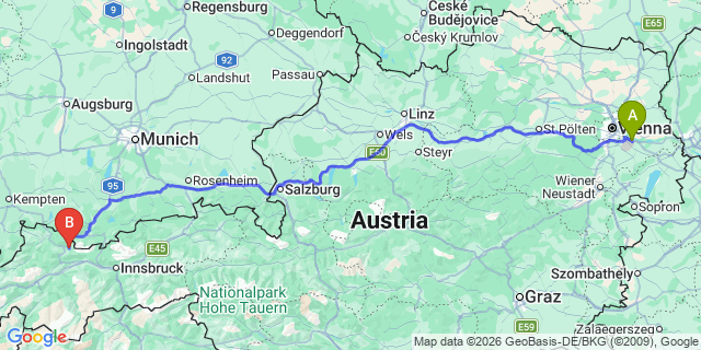 Map: Vienna Airport (VIE) to Ehrwald