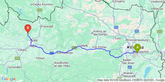Map: Vienna Airport (VIE) to Eidenberg