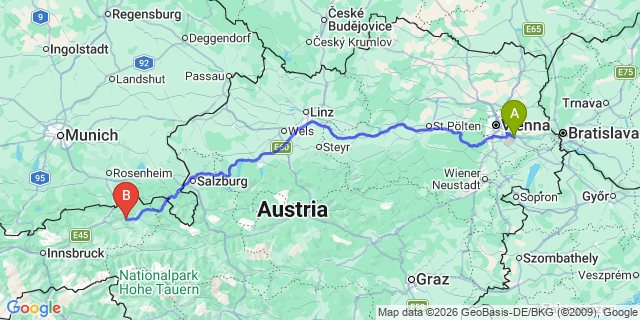 Map: Vienna Airport (VIE) to Ellmau