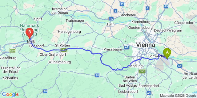 Map: Vienna Airport (VIE) to Emmersdorf an der Donau