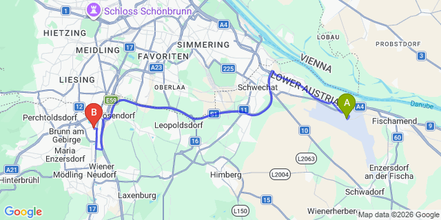 Map: Vienna Airport (VIE) to Eventhotel Pyramide