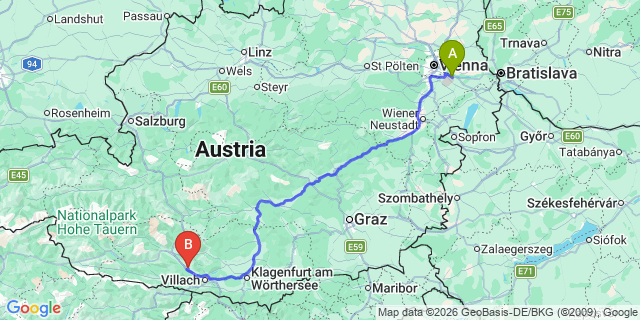Map: Vienna Airport (VIE) to Feistritz an der Drau