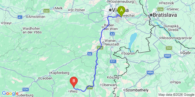 Map: Vienna Airport (VIE) to Feistritz bei Anger