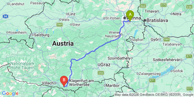 Map: Vienna Airport (VIE) to Feistritz im Rosental