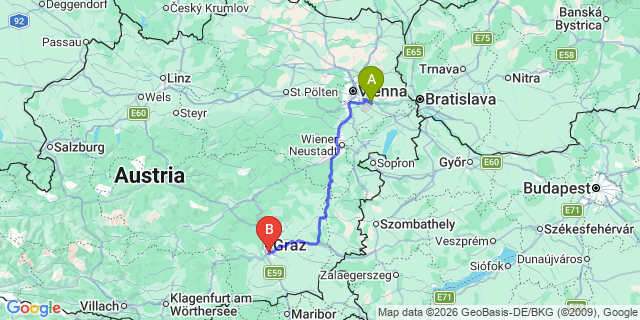 Map: Vienna Airport (VIE) to Feldkirchen bei Graz