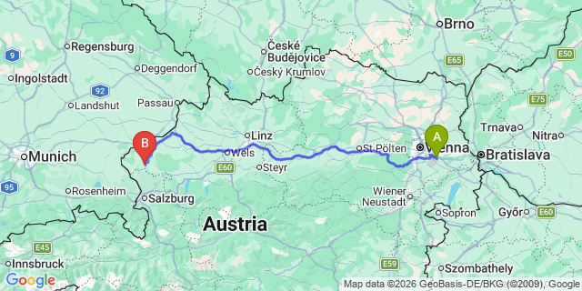 Map: Vienna Airport (VIE) to Feldkirchen bei Mattighofen