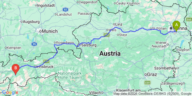 Map: Vienna Airport (VIE) to Fendels