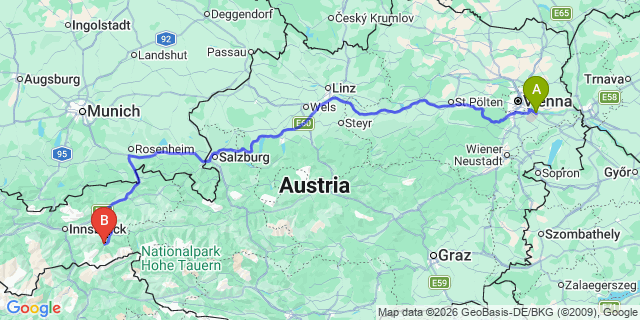 Map: Vienna Airport (VIE) to Finkenberg