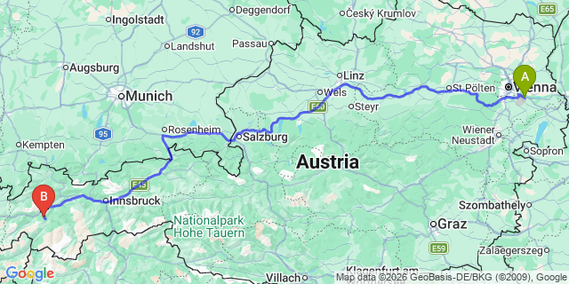 Map: Vienna Airport (VIE) to Fließ