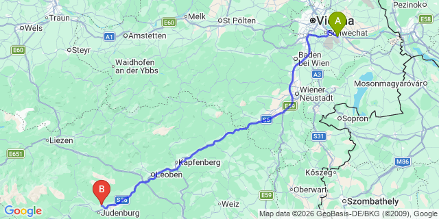 Map: Vienna Airport (VIE) to Fohnsdorf